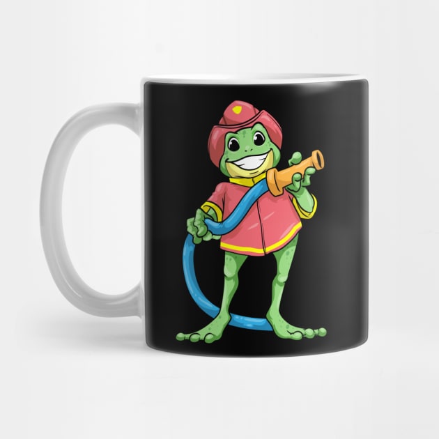 Funny frog as a firefighter with a hose by Markus Schnabel